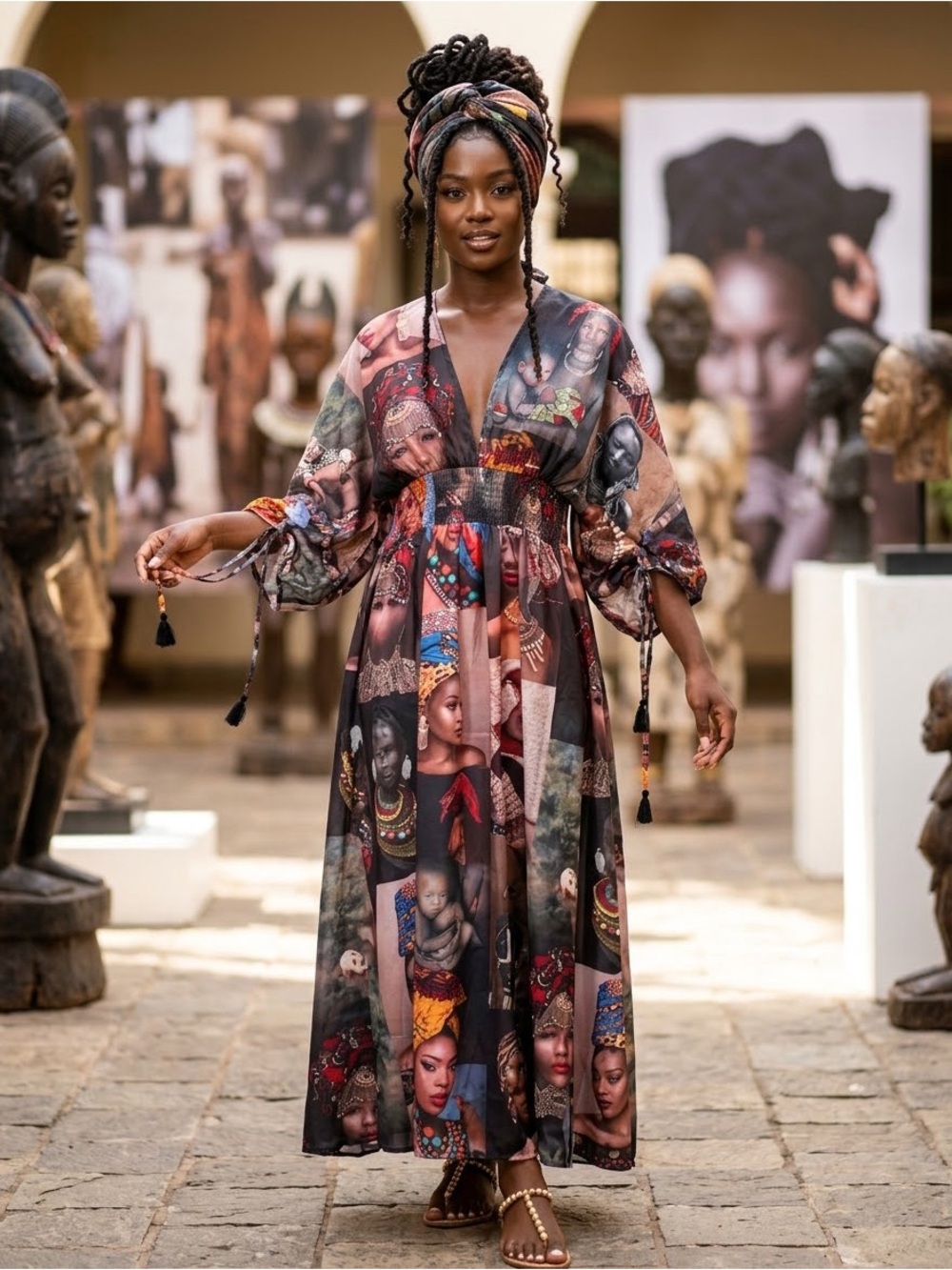 Portrait-Print Maxi Dress with V-Neck and Tie Sleeves - Multi-Color